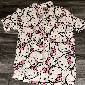 Hello Kitty White and Pink Women's Top rayon medium button up